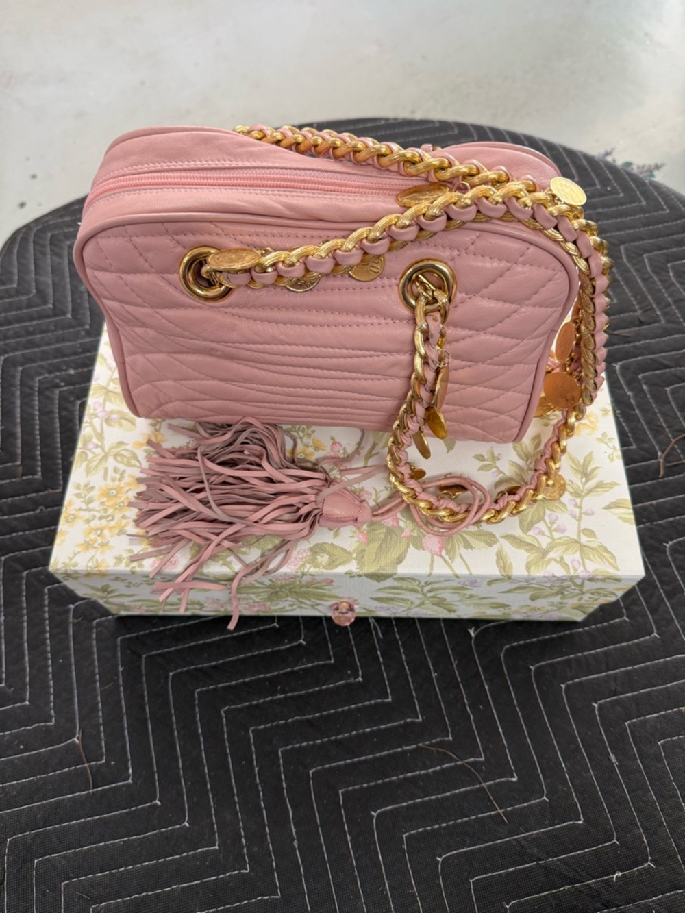 Pink Quilted Leather Crossbody with Gold Chain and Tassel